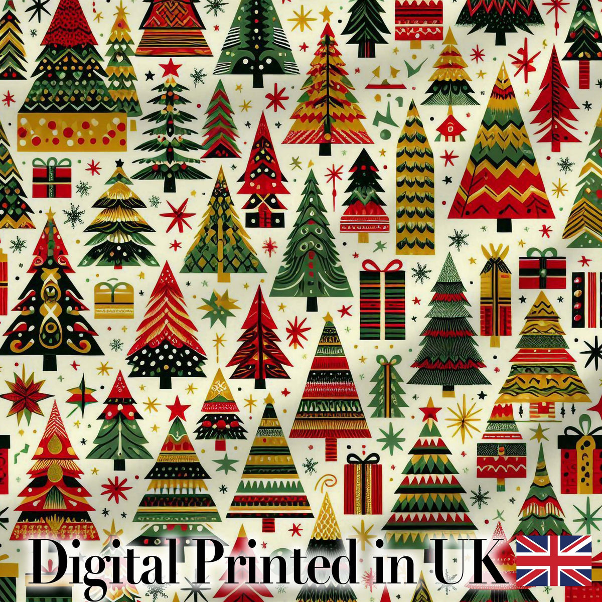 Vintage Nordic Christmas Trees and Festive Ornaments  in Red Green and Gold Digital Print Fabric by the Metre UK Sewing Quilting Textile
