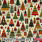 Vintage Nordic Christmas Trees and Festive Ornaments  in Red Green and Gold Digital Print Fabric by the Metre UK Sewing Quilting Textile