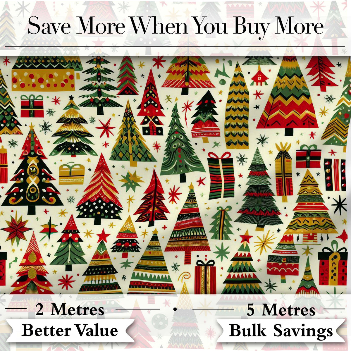 Vintage Nordic Christmas Trees and Festive Ornaments  in Red Green and Gold Digital Print Fabric by the Metre UK Sewing Quilting Textile