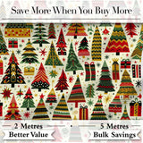Vintage Nordic Christmas Trees and Festive Ornaments  in Red Green and Gold Digital Print Fabric by the Metre UK Sewing Quilting Textile