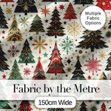 Decorative Christmas Tree Motifs with Snowflakes and Starbursts  Digital Print Fabric by the Metre UK Sewing Quilting Textile