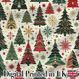 Decorative Christmas Tree Motifs with Snowflakes and Starbursts  Digital Print Fabric by the Metre UK Sewing Quilting Textile