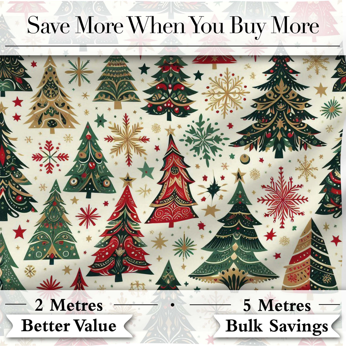 Decorative Christmas Tree Motifs with Snowflakes and Starbursts  Digital Print Fabric by the Metre UK Sewing Quilting Textile