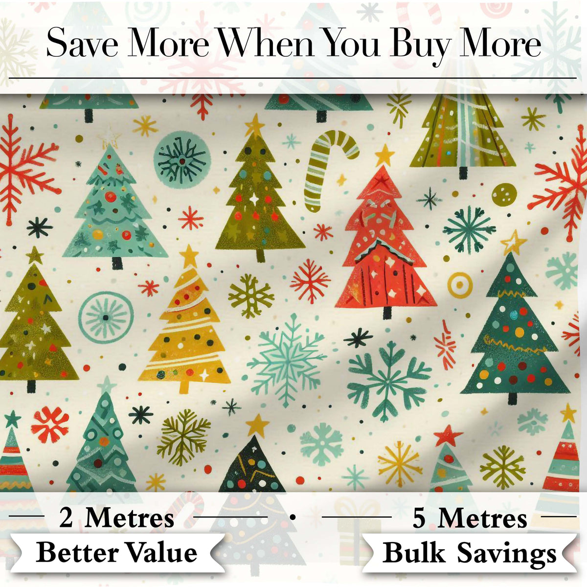 Playful Christmas Trees Candy Canes and Snowflakes Festive Seamless Pattern Digital Print Fabric by the Metre UK Sewing Quilting Textile