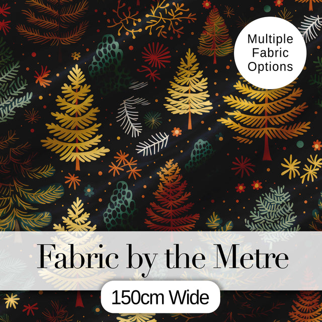 Modern Scandinavian Winter Trees in Gold and Dark Background Seamless Pattern Digital Print Fabric by the Metre UK Sewing Quilting Textile