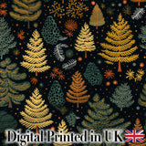 Modern Scandinavian Winter Trees in Gold and Dark Background Seamless Pattern Digital Print Fabric by the Metre UK Sewing Quilting Textile