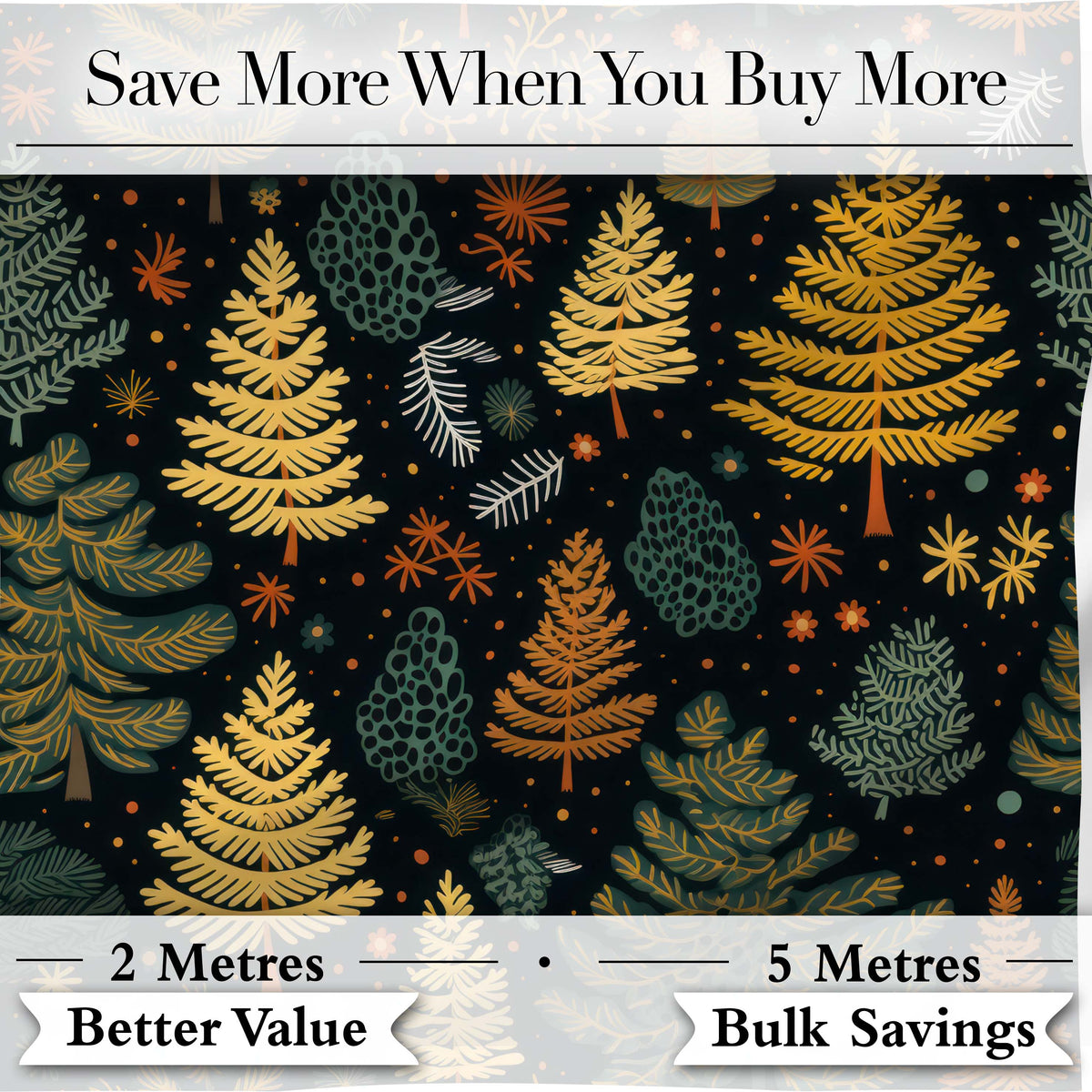 Modern Scandinavian Winter Trees in Gold and Dark Background Seamless Pattern Digital Print Fabric by the Metre UK Sewing Quilting Textile