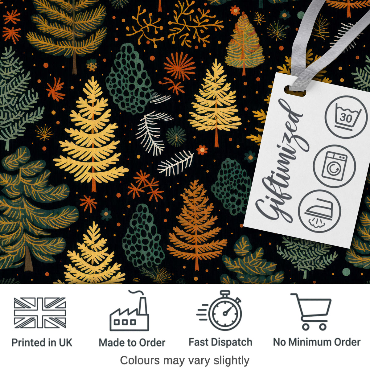Modern Scandinavian Winter Trees in Gold and Dark Background Seamless Pattern Digital Print Fabric by the Metre UK Sewing Quilting Textile