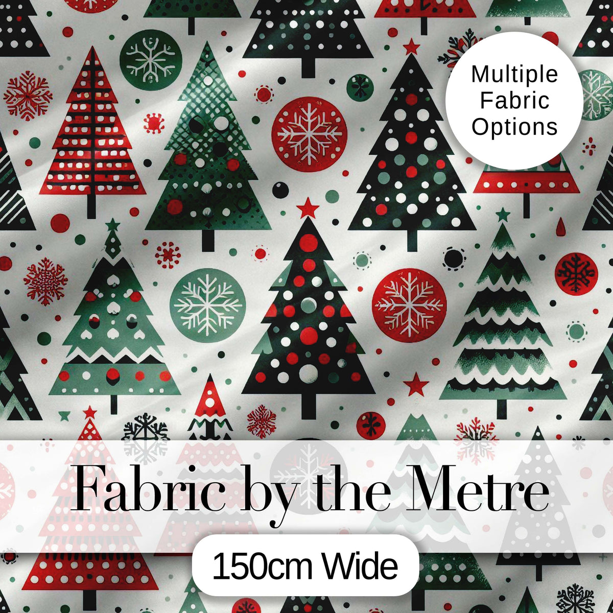 Minimal Christmas Trees and Snowflake Shapes in Red Green Style  Digital Print Fabric by the Metre UK Sewing Quilting Textile