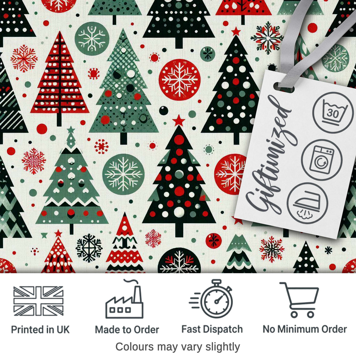 Minimal Christmas Trees and Snowflake Shapes in Red Green Style  Digital Print Fabric by the Metre UK Sewing Quilting Textile