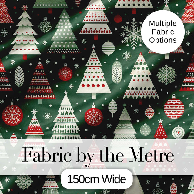 Nordic Holiday Trees with Ornaments Snowflakes and Red Green Decor  Digital Print Fabric by the Metre UK Sewing Quilting Textile