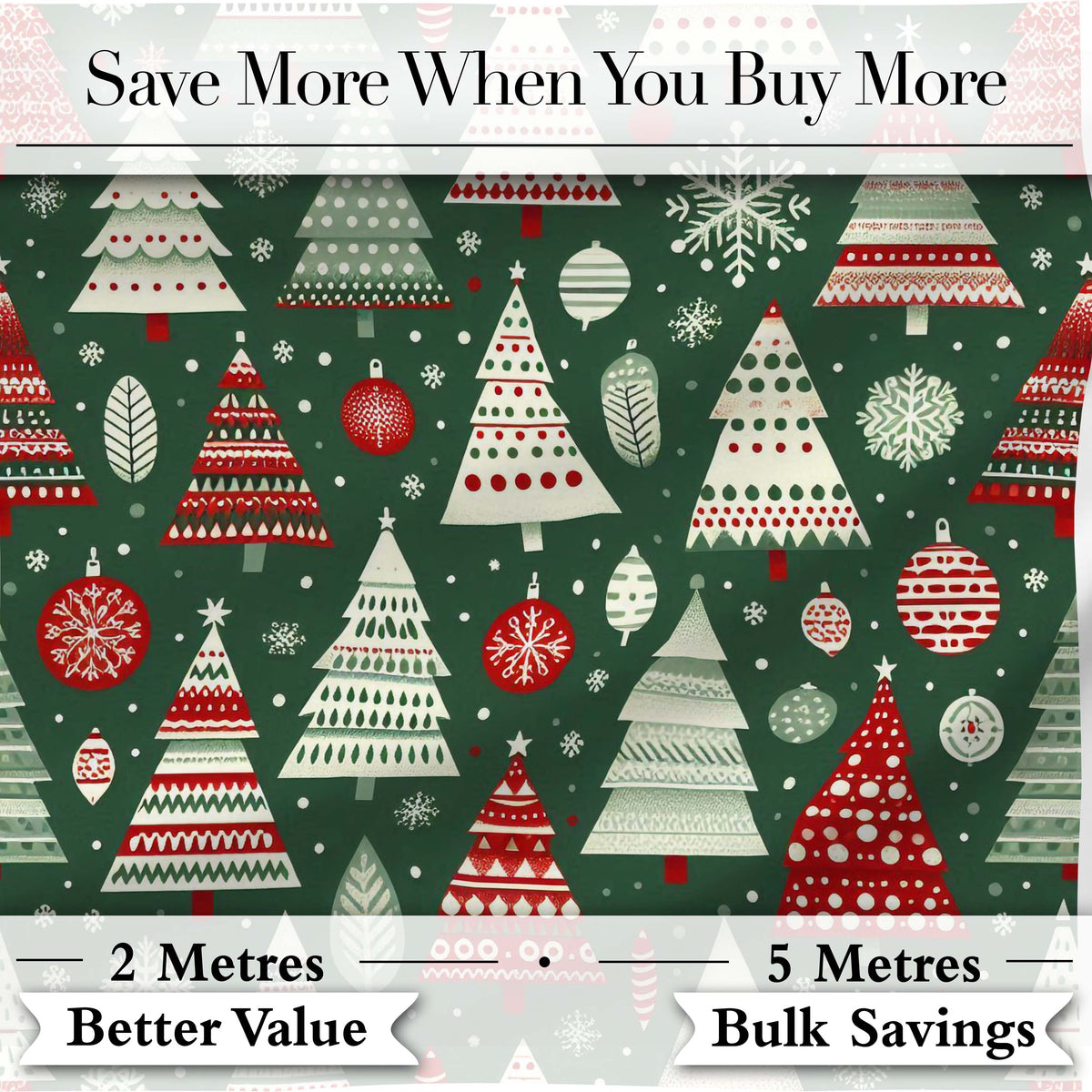 Nordic Holiday Trees with Ornaments Snowflakes and Red Green Decor  Digital Print Fabric by the Metre UK Sewing Quilting Textile