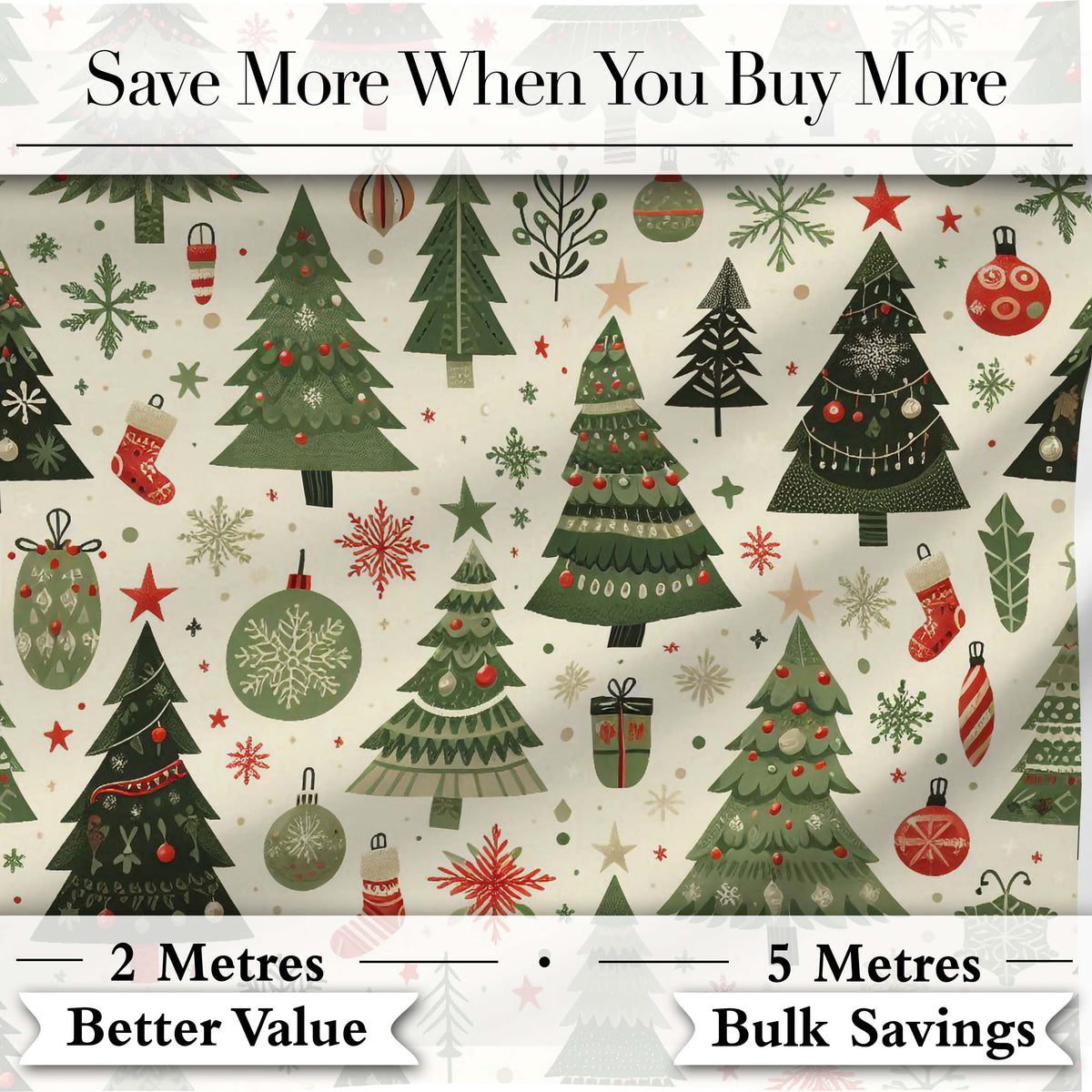 Classic Christmas Tree Illustrations with Baubles Snowflakes and Gifts  Digital Print Fabric by the Metre UK Sewing Quilting Textile