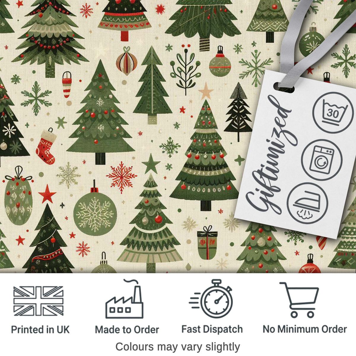 Classic Christmas Tree Illustrations with Baubles Snowflakes and Gifts  Digital Print Fabric by the Metre UK Sewing Quilting Textile