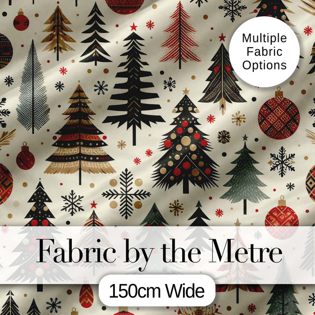 Modern Minimal Christmas Trees with Black Gold Red Accents Seamless Pattern Digital Print Fabric by the Metre UK Sewing Quilting Textile