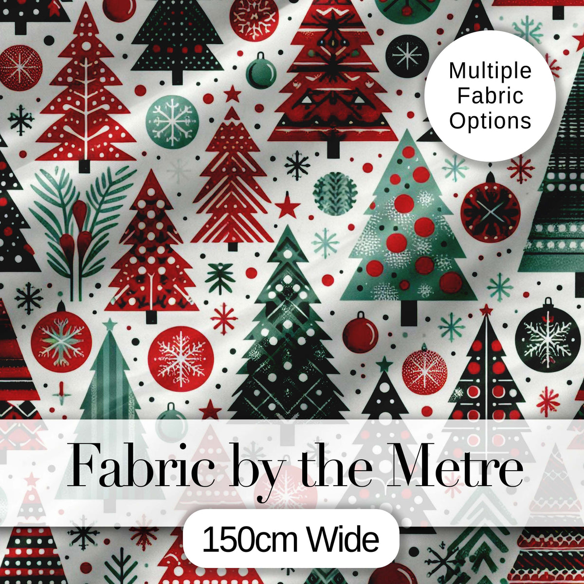 Festive Red Green Christmas Trees with Snowflakes and Baubles Seamless Pattern Digital Print Fabric by the Metre UK Sewing Quilting Textile