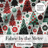 Festive Red Green Christmas Trees with Snowflakes and Baubles Seamless Pattern Digital Print Fabric by the Metre UK Sewing Quilting Textile