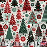 Festive Red Green Christmas Trees with Snowflakes and Baubles Seamless Pattern Digital Print Fabric by the Metre UK Sewing Quilting Textile