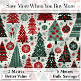 Festive Red Green Christmas Trees with Snowflakes and Baubles Seamless Pattern Digital Print Fabric by the Metre UK Sewing Quilting Textile