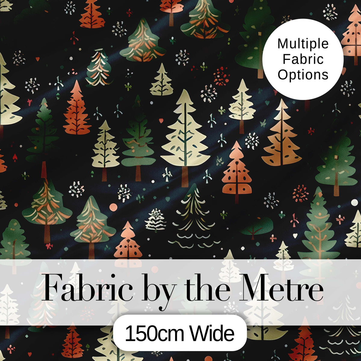 Winter Forest Christmas Trees with Snowflakes on Dark Background  Digital Print Fabric by the Metre UK Sewing Quilting Textile