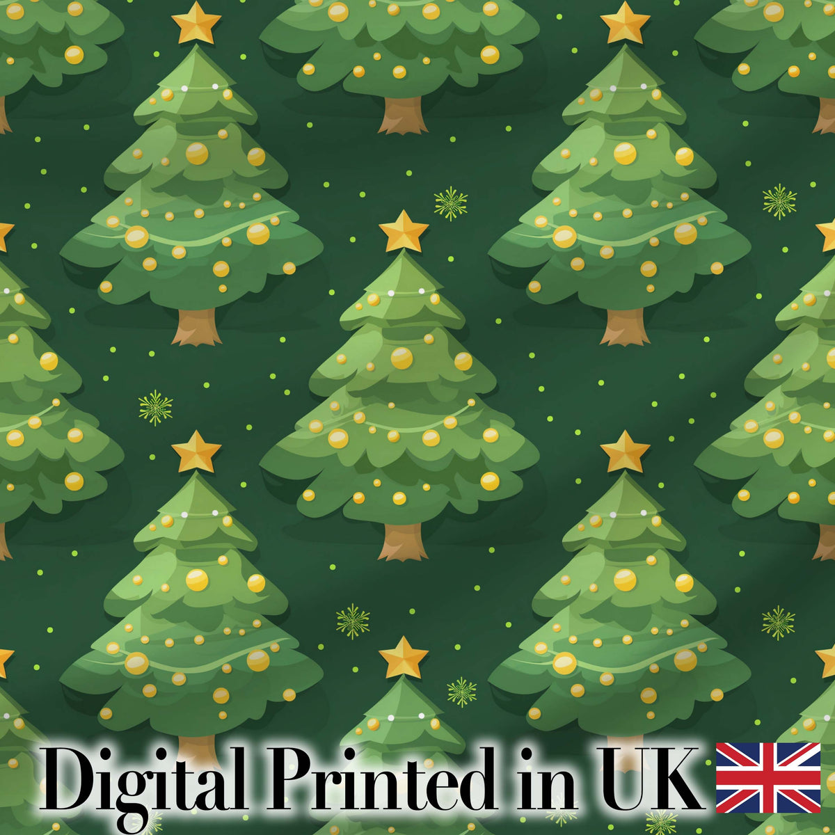 Cartoon Christmas Trees with Golden Baubles and Stars Cute Seamless Pattern Digital Print Fabric by the Metre UK Sewing Quilting Textile