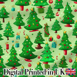 Bright Green Christmas Trees with Gifts Candy Canes and Ornaments  Digital Print Fabric by the Metre UK Sewing Quilting Textile