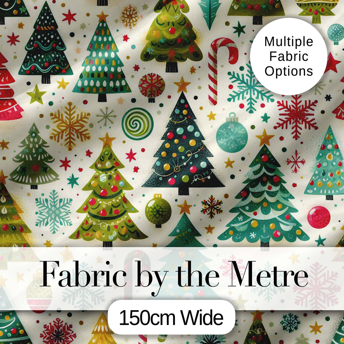 Festive Christmas Trees Candy Canes Snowflakes Stars Baubles Holiday  Digital Print Fabric by the Metre UK Sewing Quilting Textile