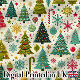 Festive Christmas Trees Candy Canes Snowflakes Stars Baubles Holiday  Digital Print Fabric by the Metre UK Sewing Quilting Textile