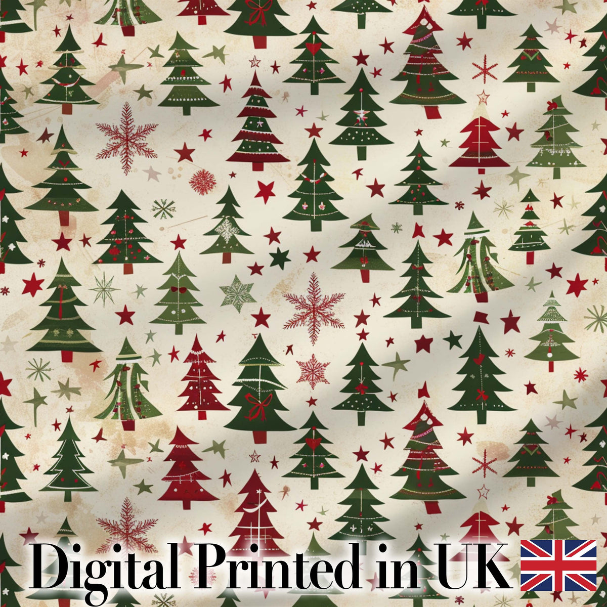 Classic Holiday Trees with Red Stars and Snowflakes Vintage Seamless Pattern Digital Print Fabric by the Metre UK Sewing Quilting Textile