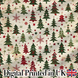 Classic Holiday Trees with Red Stars and Snowflakes Vintage Seamless Pattern Digital Print Fabric by the Metre UK Sewing Quilting Textile