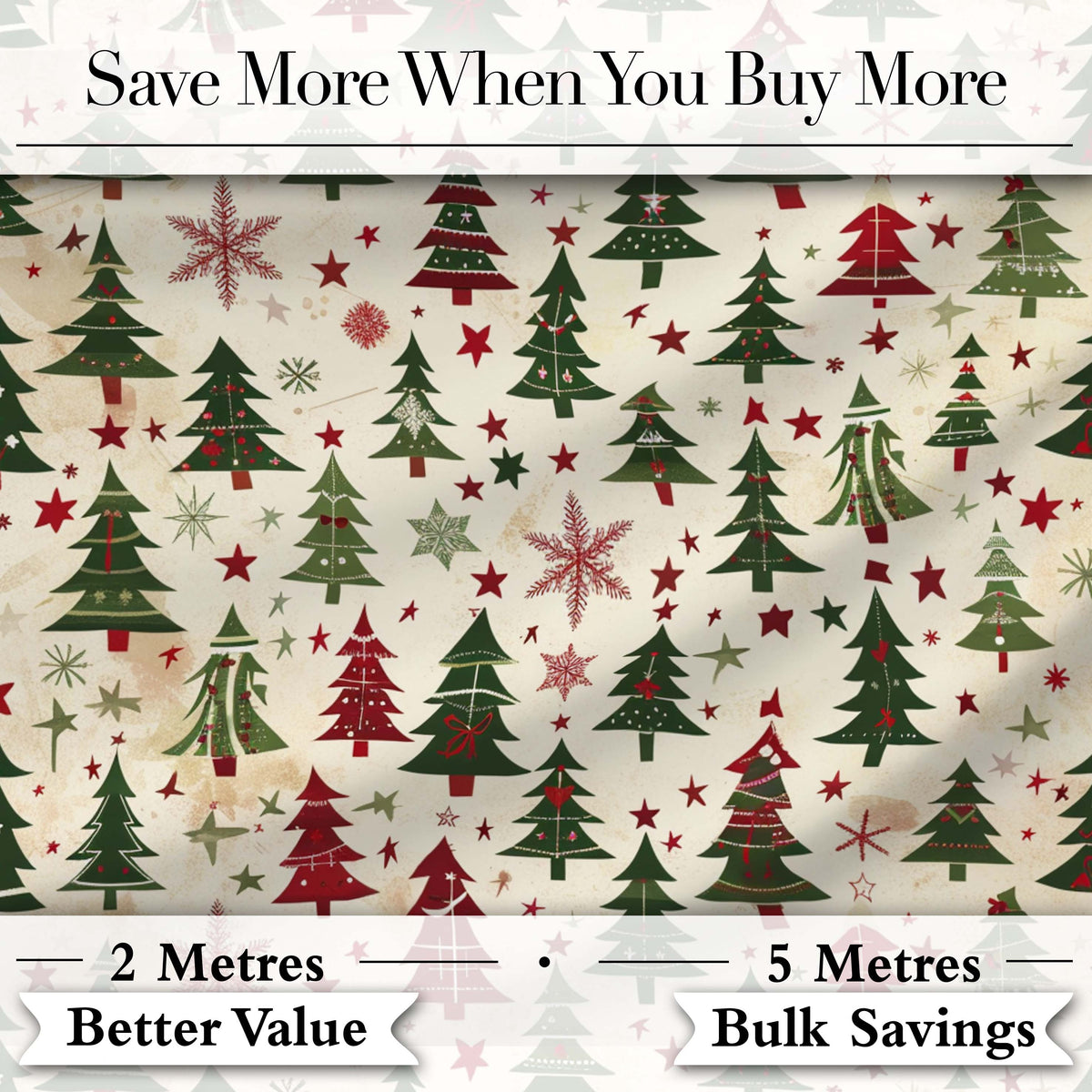 Classic Holiday Trees with Red Stars and Snowflakes Vintage Seamless Pattern Digital Print Fabric by the Metre UK Sewing Quilting Textile