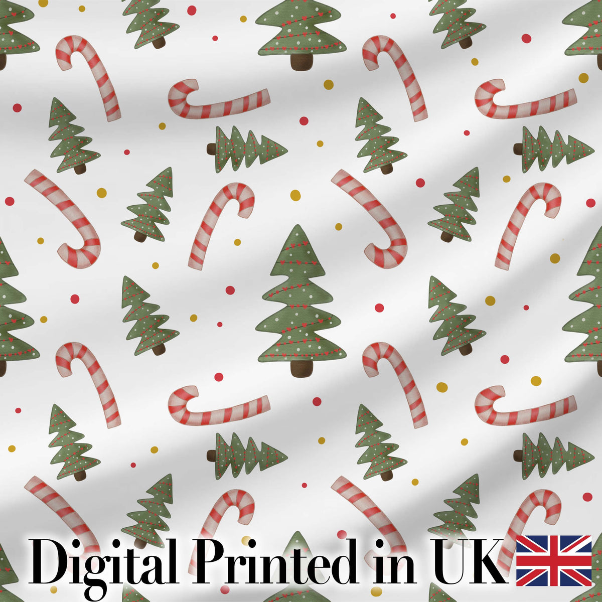 Christmas Trees Candy Canes Snowflakes Holiday Seamless Pattern Digital Print Fabric by the Metre UK Sewing Quilting Textile