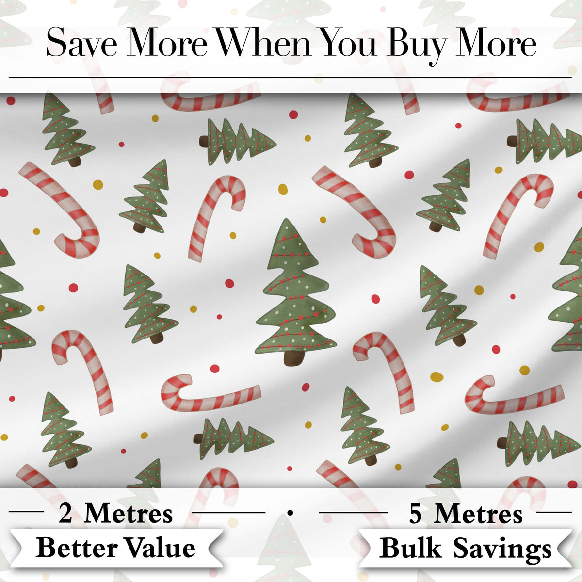 Christmas Trees Candy Canes Snowflakes Holiday Seamless Pattern Digital Print Fabric by the Metre UK Sewing Quilting Textile