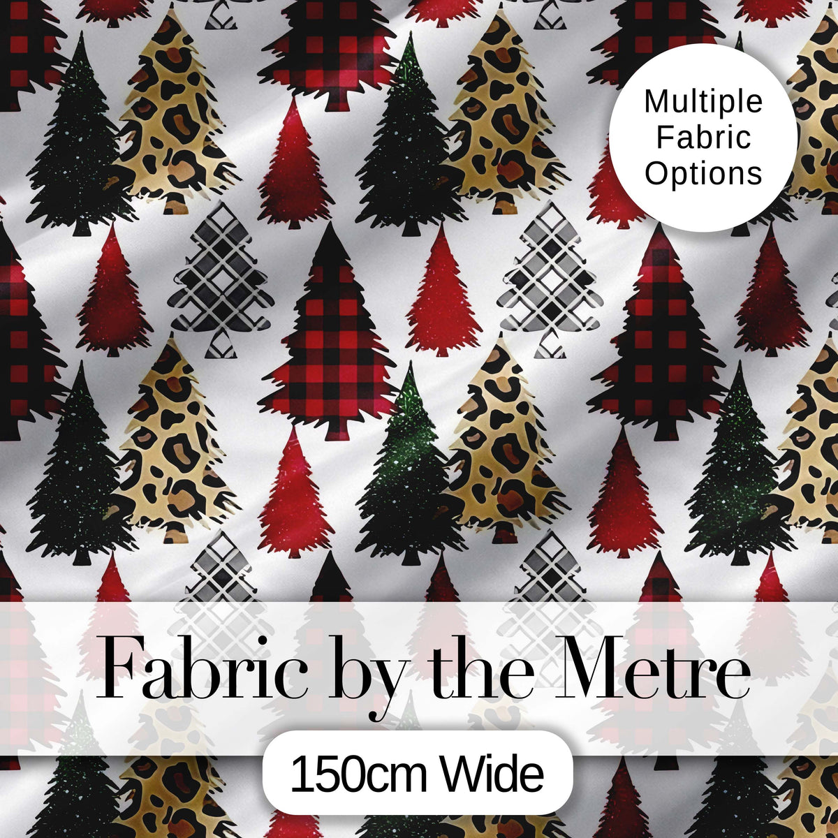 Leopard Plaid and Festive Christmas Trees Modern Seamless Pattern Digital Print Fabric by the Metre UK Sewing Quilting Textile