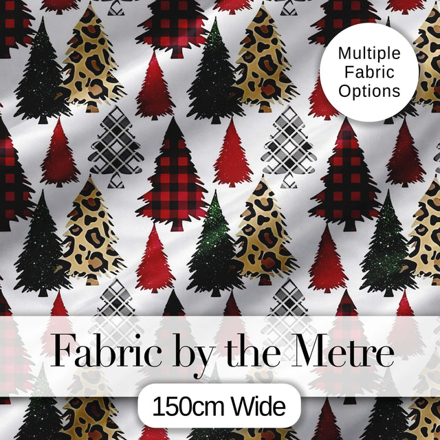 Leopard Plaid and Festive Christmas Trees Modern Seamless Pattern Digital Print Fabric by the Metre UK Sewing Quilting Textile