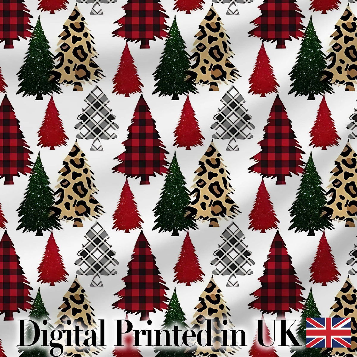 Leopard Plaid and Festive Christmas Trees Modern Seamless Pattern Digital Print Fabric by the Metre UK Sewing Quilting Textile
