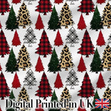 Leopard Plaid and Festive Christmas Trees Modern Seamless Pattern Digital Print Fabric by the Metre UK Sewing Quilting Textile