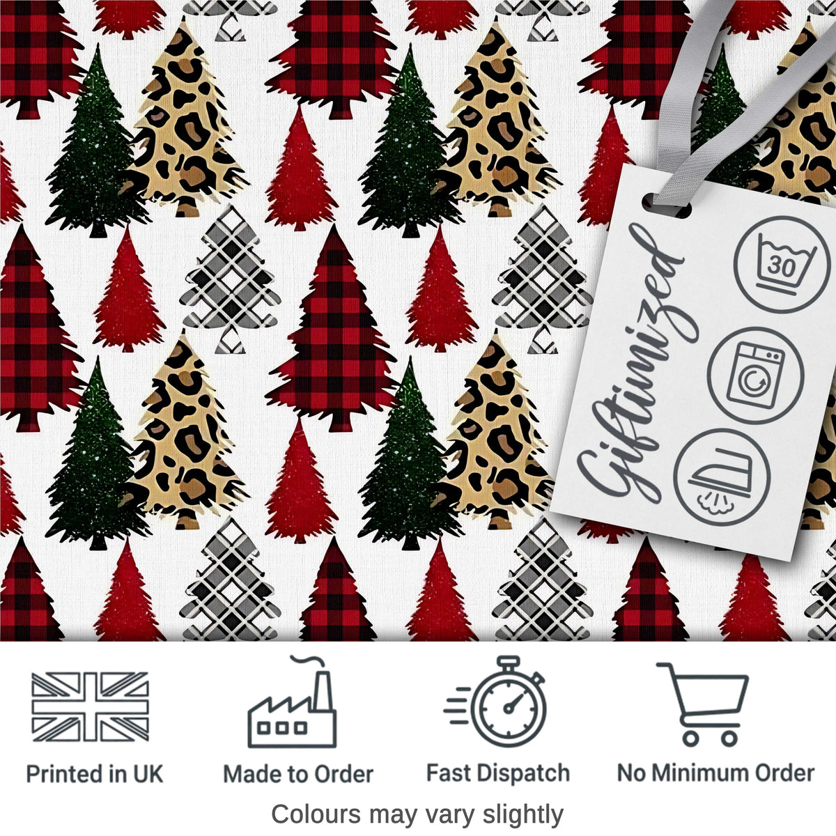 Leopard Plaid and Festive Christmas Trees Modern Seamless Pattern Digital Print Fabric by the Metre UK Sewing Quilting Textile