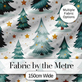 Snowy Christmas Pine Trees with Golden Stars Winter Seamless Pattern Digital Print Fabric by the Metre UK Sewing Quilting Textile