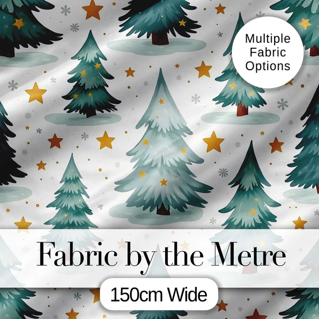 Snowy Christmas Pine Trees with Golden Stars Winter Seamless Pattern Digital Print Fabric by the Metre UK Sewing Quilting Textile