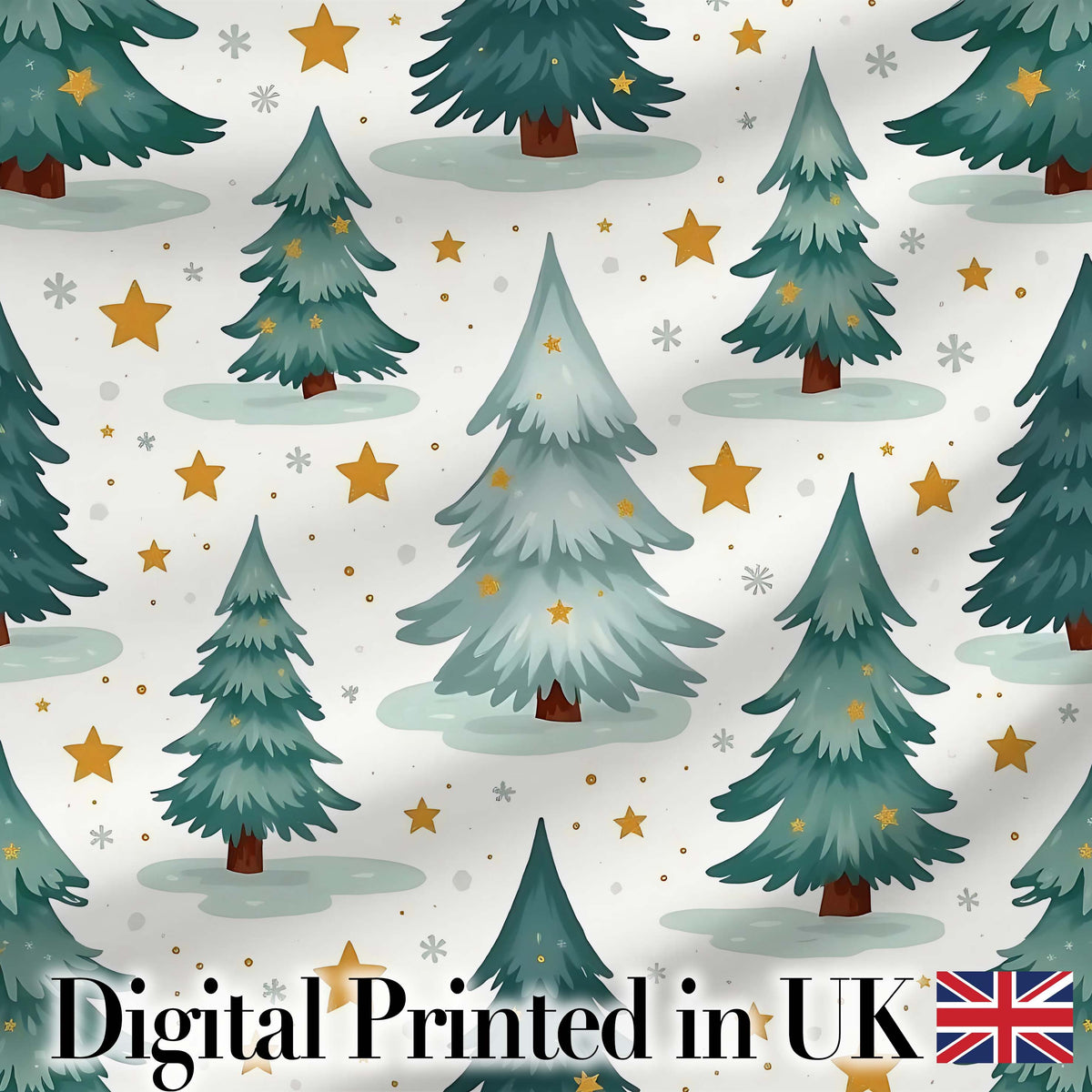 Snowy Christmas Pine Trees with Golden Stars Winter Seamless Pattern Digital Print Fabric by the Metre UK Sewing Quilting Textile
