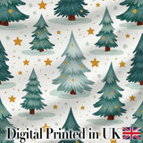 Snowy Christmas Pine Trees with Golden Stars Winter Seamless Pattern Digital Print Fabric by the Metre UK Sewing Quilting Textile