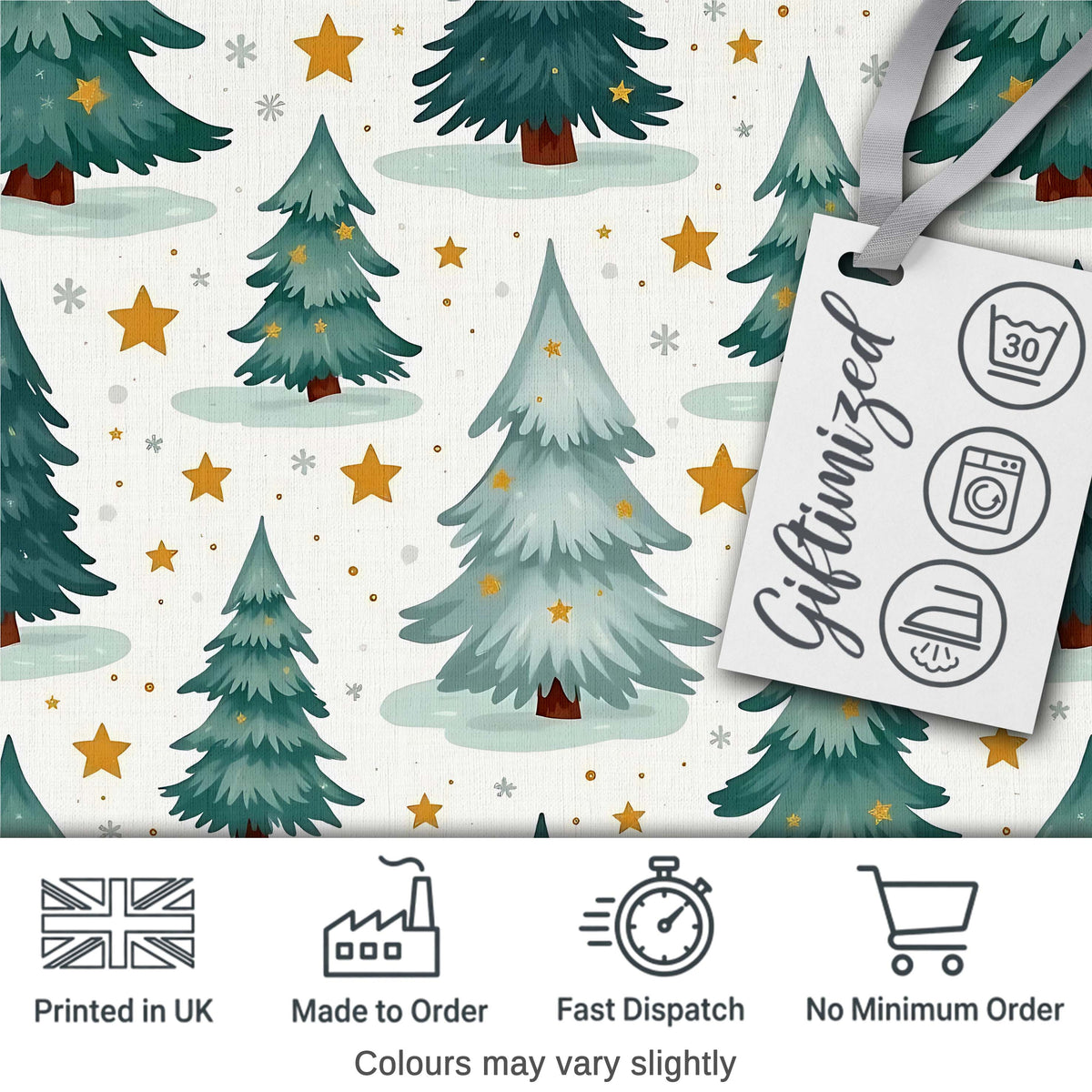 Snowy Christmas Pine Trees with Golden Stars Winter Seamless Pattern Digital Print Fabric by the Metre UK Sewing Quilting Textile