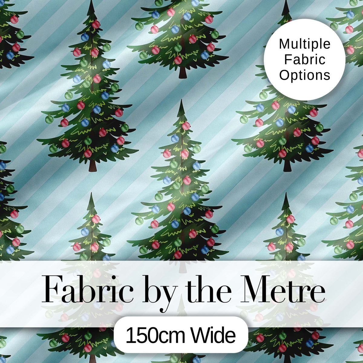 Decorated Christmas Trees with Colorful Baubles on Blue Striped Background  Digital Print Fabric by the Metre UK Sewing Quilting Textile