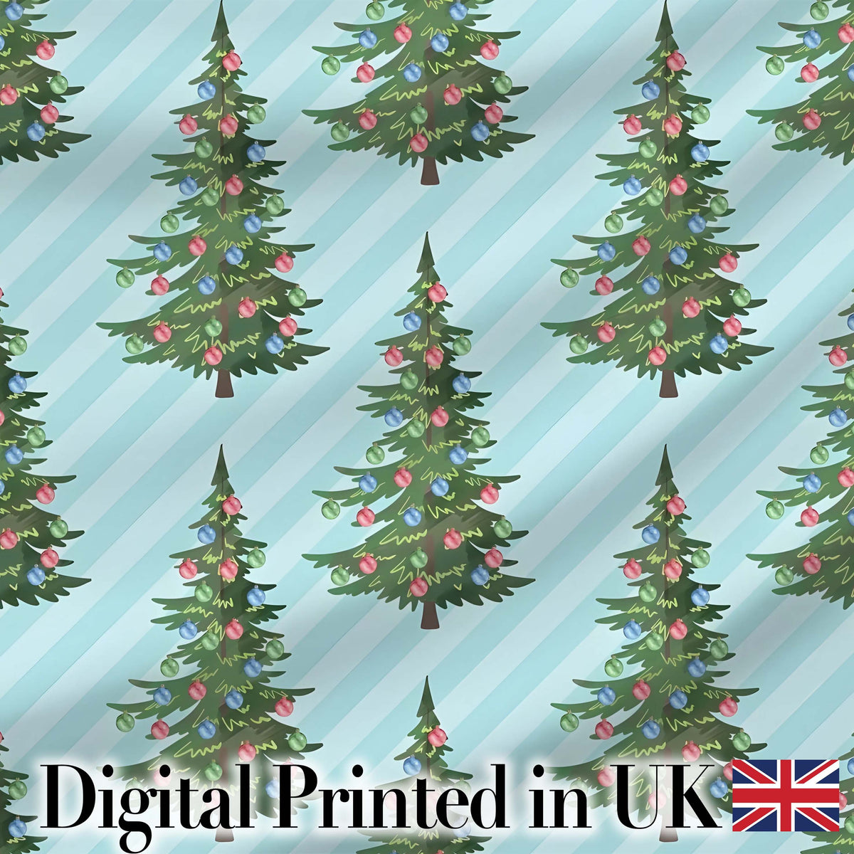 Decorated Christmas Trees with Colorful Baubles on Blue Striped Background  Digital Print Fabric by the Metre UK Sewing Quilting Textile