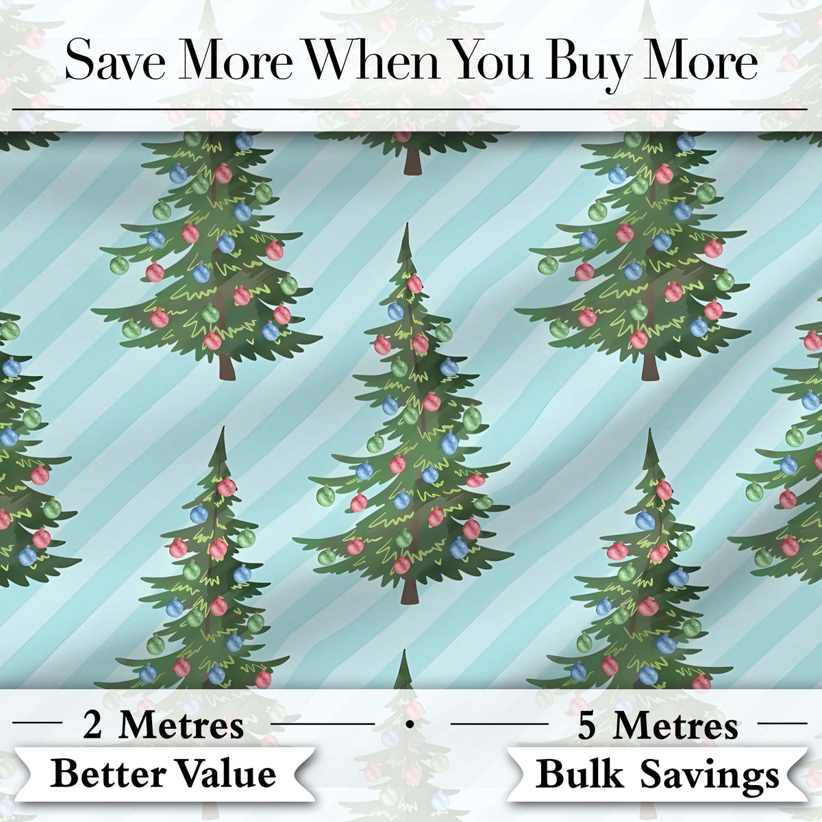 Decorated Christmas Trees with Colorful Baubles on Blue Striped Background  Digital Print Fabric by the Metre UK Sewing Quilting Textile