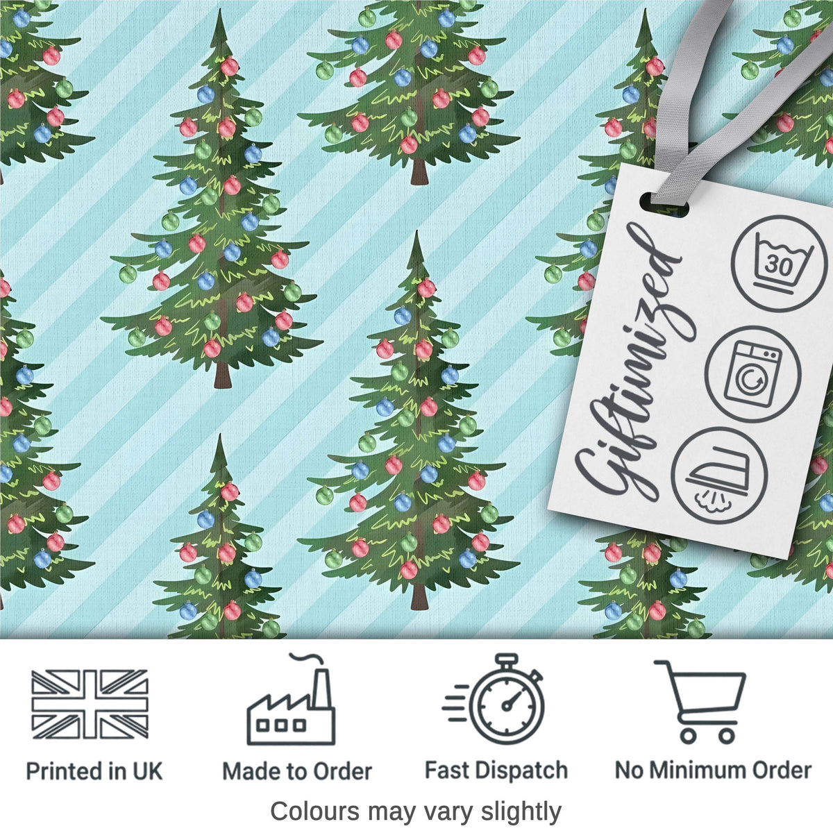 Decorated Christmas Trees with Colorful Baubles on Blue Striped Background  Digital Print Fabric by the Metre UK Sewing Quilting Textile