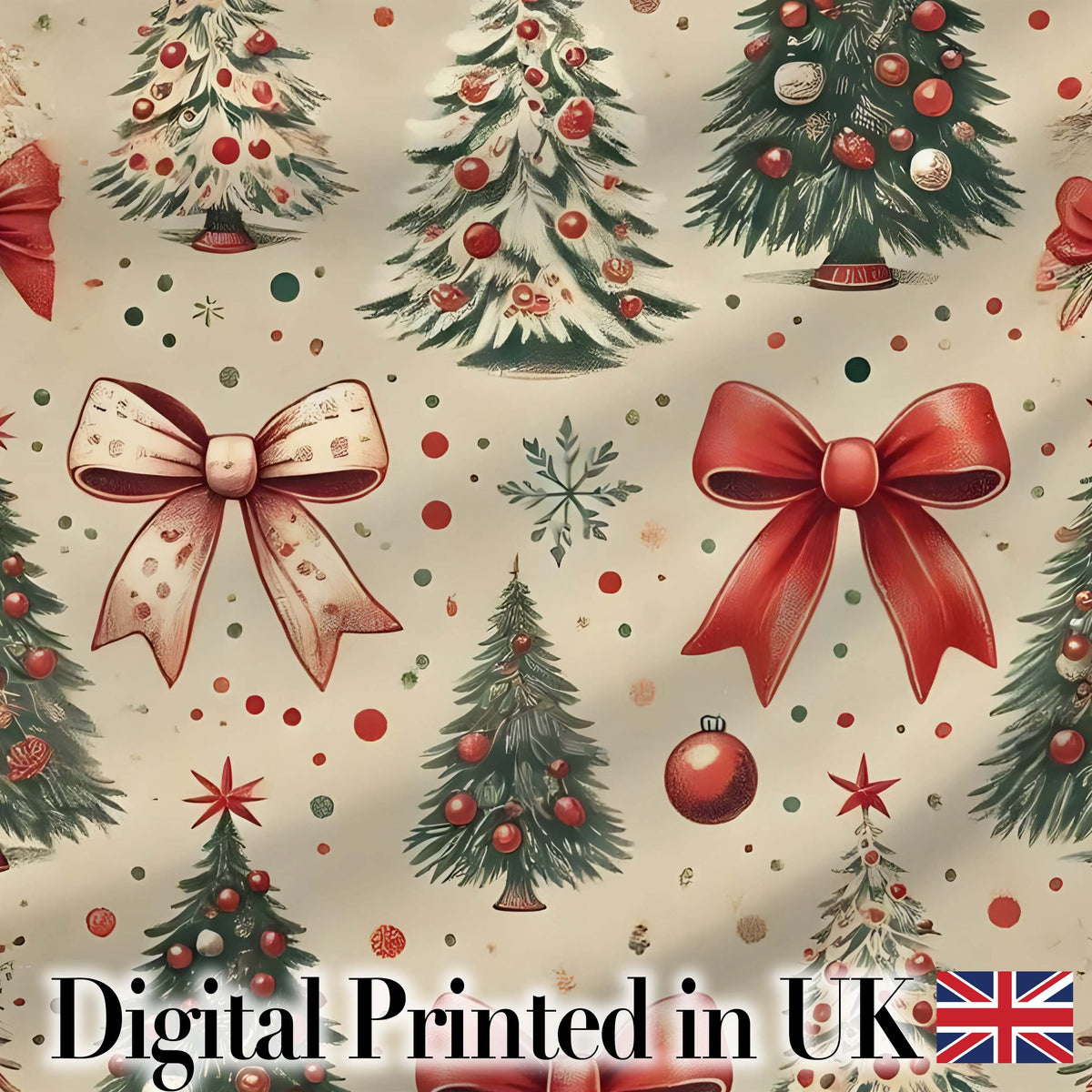 Vintage Christmas Trees with Red Bows Ornaments and Snowflakes Seamless Pattern Digital Print Fabric by the Metre UK Sewing Quilting Textile