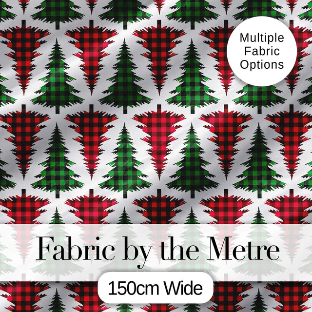 Buffalo Plaid Christmas Trees in Red and Green Rustic Seamless Pattern Digital Print Fabric by the Metre UK Sewing Quilting Textile