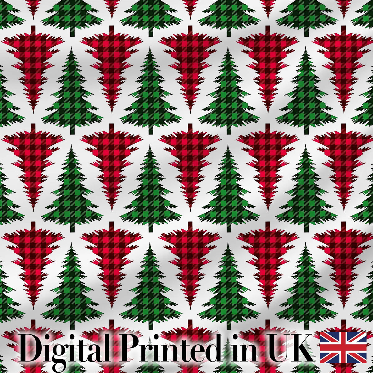 Buffalo Plaid Christmas Trees in Red and Green Rustic Seamless Pattern Digital Print Fabric by the Metre UK Sewing Quilting Textile